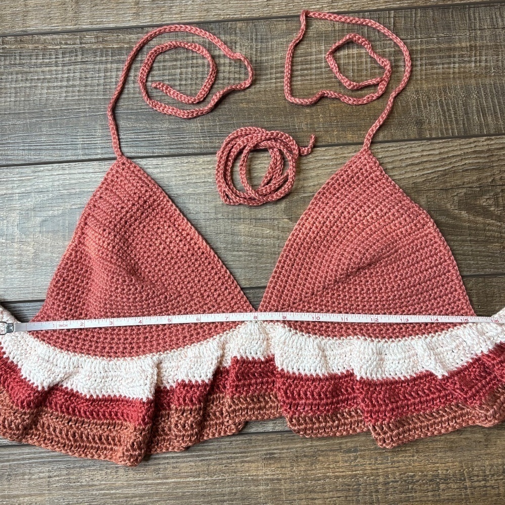 Handcrafted Ruffle Halter Crop Top Bamboo Yarn Art Handmade Crochet Knit Summer - Picture 12 of 16
